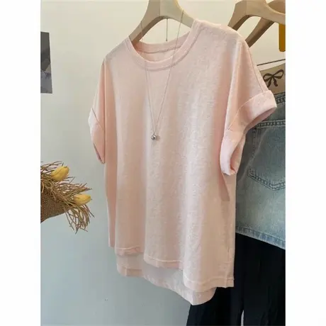 卷边设计感小众短袖T恤女夏季宽松韩版打底衫内搭插肩袖上衣ins潮图片