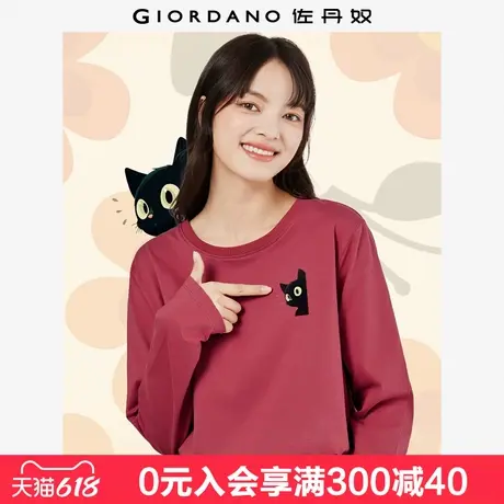 佐丹奴联名t恤女纯棉打底衫漫画猫咪图案圆领长袖上衣女99395036图片