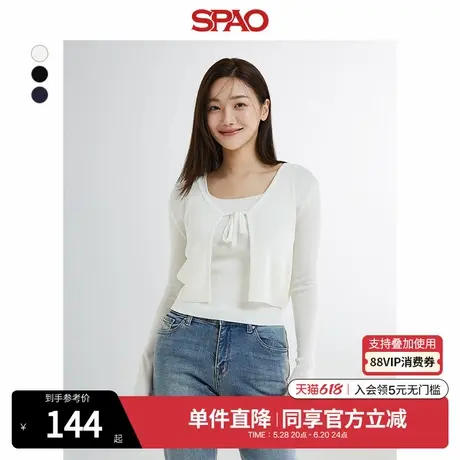 SPAO韩国同款春季女士时尚甜美简约系带短款V领毛衣纯色易搭开衫商品大图