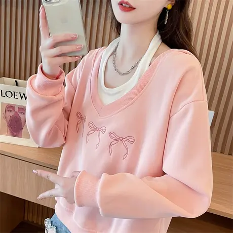 早秋连帽卫衣女春秋季韩版宽松薄款小个子百搭假两件挂脖上衣外套商品大图