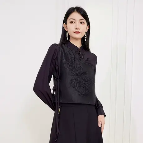 希区瑞普新中式国风盘扣设计立领复古刺绣打底重工衬衫上衣商品大图