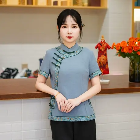 筠雅夏季新款复古改良中式唐装小上衣女小清新有色斜襟短袖25J193商品大图