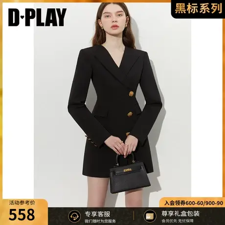 DPLAY【黑标】2023秋新轻奢不对称搭片V字翻领黑色重工西装连衣裙商品大图