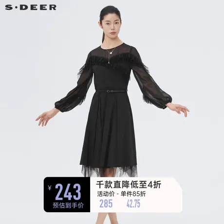 sdeer圣迪奥春装圆领风琴褶网纱收腰少女减龄连衣裙S221Z12A2商品大图