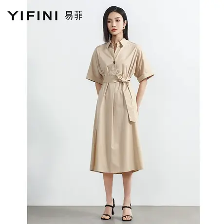 Yifini/易菲中长款系带收腰短袖衬衫裙女2023夏季新款休闲连衣裙商品大图