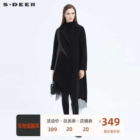 sdeer圣迪奥西装领网纱不规则拼接毛呢大衣女冬加厚S20481708🦊商品大图