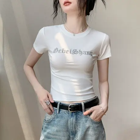 莱赛尔天丝烫钻短袖T恤女2025夏季修身显瘦正肩凉感百搭圆领上衣商品大图