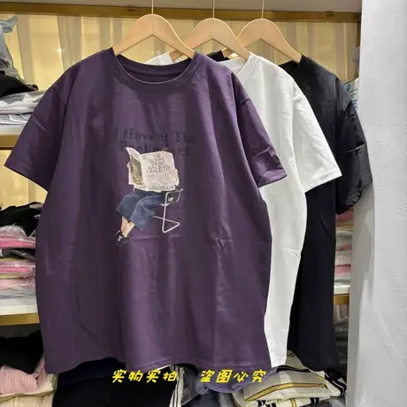 中长款圆领凉感雪花棉短袖T恤女夏季宽松版大版杂志女孩印花上衣商品大图