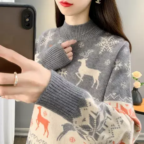 小鹿提花半高领毛衣女秋冬2025新款爆款宽松内搭上衣加厚针织打底商品大图