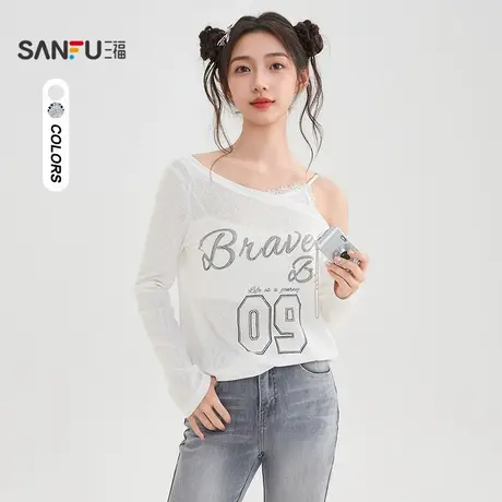 三福长T恤2025秋季蕾丝吊带美式数字印花宽松上衣女装503862图片