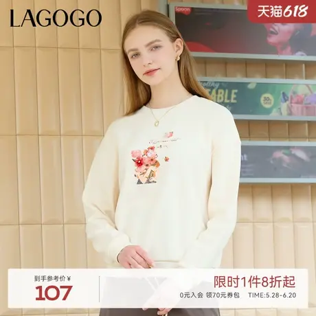 LAGOGO米色套头圆领长袖卫衣女拉谷谷针织印花宽松休闲舒适上衣商品大图