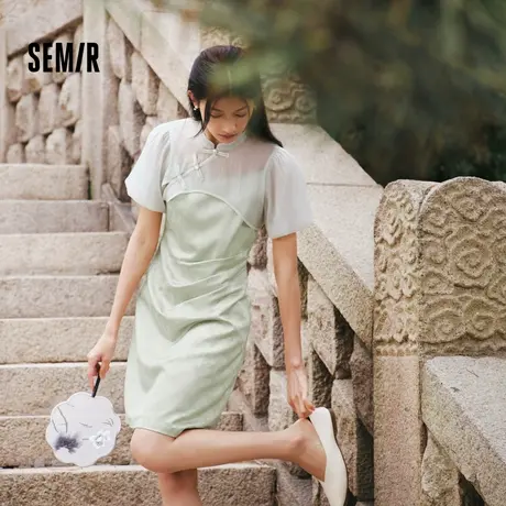 森马连衣裙女2024夏新款新中式两件套肌理吊带裙小立领泡泡袖罩衫商品大图