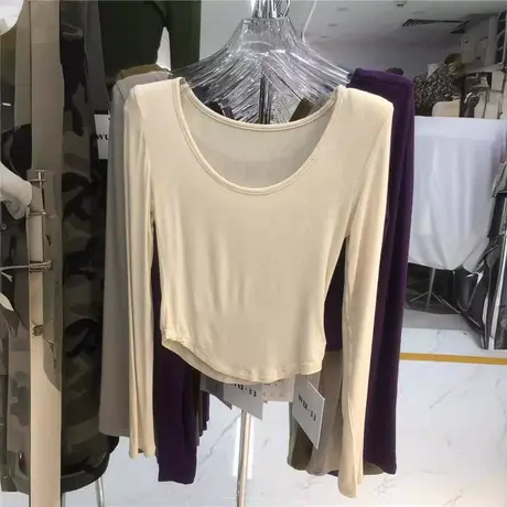 薄款微透针织棉锁骨T恤彩色内搭弧形下摆垫肩上衣U领紧身小衫图片