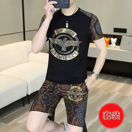夏季拼接冰丝套装男韩版潮流短袖T恤时尚休闲痞帅五分短裤两件套商品大图