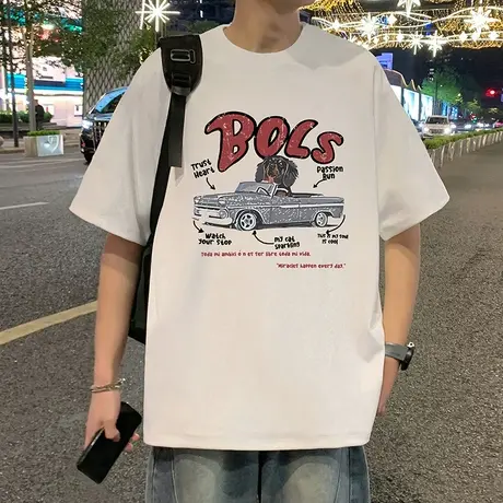 短袖T恤男夏季2025新款纯棉宽松上衣ins高街潮牌体恤美式圆领半袖图片