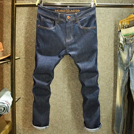 高端原色牛仔裤男潮牌百搭修身弹力小脚裤深蓝色普洗男士休闲长裤图片