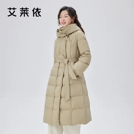 艾莱依鹅绒羽绒服女2023新款优雅收腰长款绗缝时尚连帽保暖外套冬商品大图