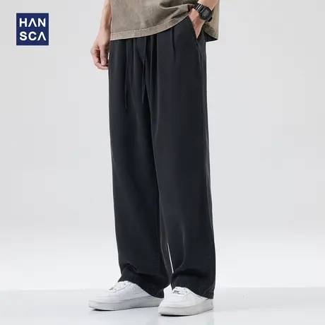 hansca莱赛尔天丝牛仔裤男夏季黑色直筒宽松青少年垂感阔腿长裤子商品大图