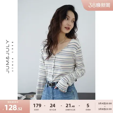 嘉茱莉2025春季新款设计感卷边长袖T恤女条纹内搭上衣内搭打底衫商品大图