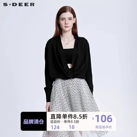 sdeer圣迪奥女装V领不规则拼接长袖衬衫别致上衣 复古S21180514图片