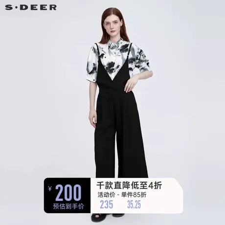 sdeer圣迪奥女装OL风休闲黑色设计感背带裤阔腿长裤S222Z1006图片