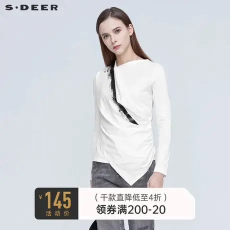 sdeer圣迪奥秋装不规则领拼接撞色印花长袖棉质T恤女S21180204图片