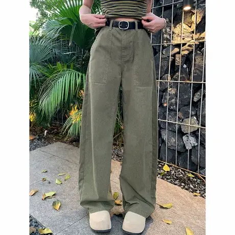 尔给尔给夏季新款日系宽松直筒裤橄榄绿美式复古拼接工装裤女商品大图