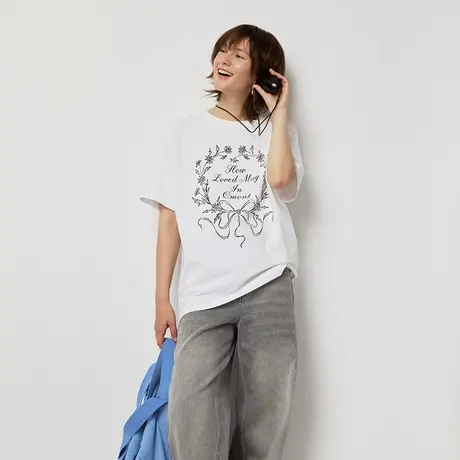 omont蛋挞家 复古印花短袖T恤女夏季新款宽松休闲半袖上衣商品大图