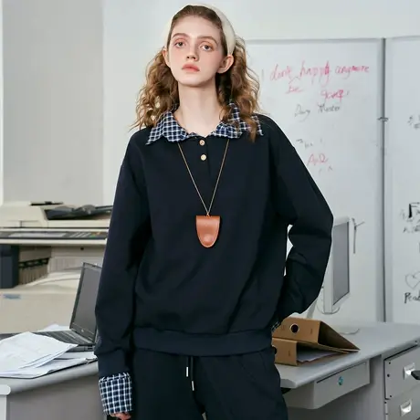 a02韩系慵懒格纹拼接长袖上衣2025春季宽松百搭女式卫衣商品大图