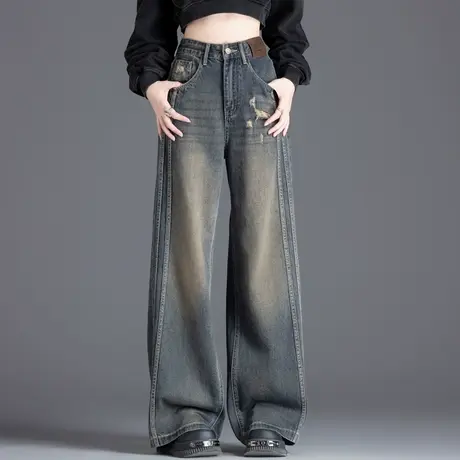 美式牛仔裤女春秋裤子阔腿裤今年流行的爆款裤子高腰女士直筒长裤商品大图