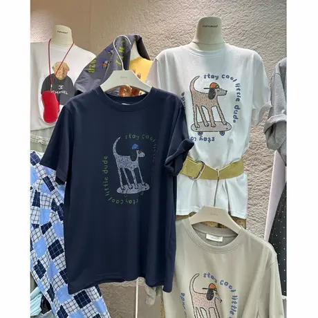 2025夏季新款字母卡通印花减龄韩版休闲纯花圆领短袖T恤女上衣服商品大图