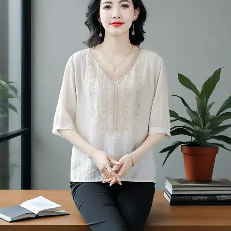 设计感拼接网纱V领中袖衬衫女夏新款洋气妈妈装刺绣小衫棉麻上衣商品大图