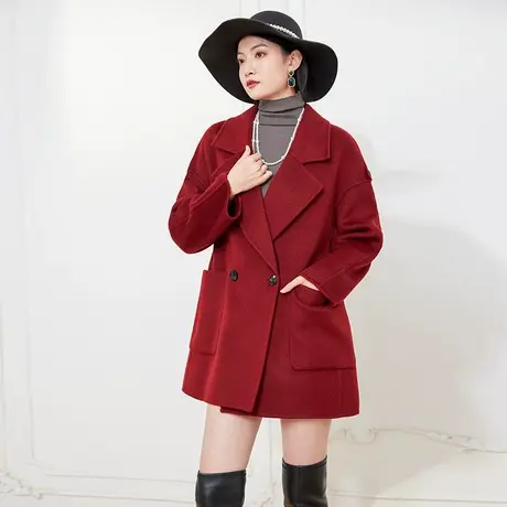 希区瑞普复古法式秋冬双排扣直筒大口袋宽松短款西装领羊毛大衣图片