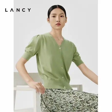 LANCY/朗姿2024春季新款中袖V领气质羊毛开衫女短款修身针织上衣图片
