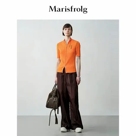 【松弛裤装】玛丝菲尔秋压褶肌理感布朗棕宽松直筒长裤商品大图