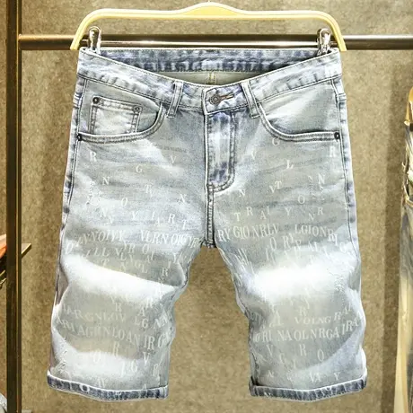 夏季浅色短裤男个性英文印花宽松牛仔五分裤水洗猫须帅气薄款中裤商品大图