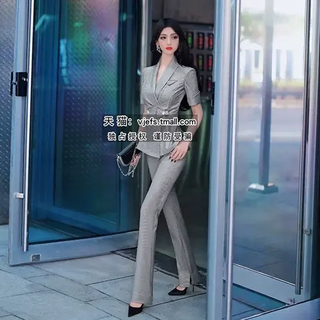 VJE夏季职业OL总裁套装新品帅气收腰显瘦短袖西服长裤两件套商品大图