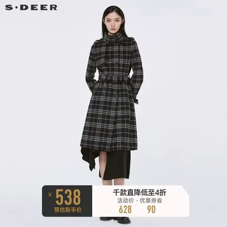 sdeer圣迪奥冬季时尚立领撞色格纹收腰长款毛呢大衣S21461821📛商品大图