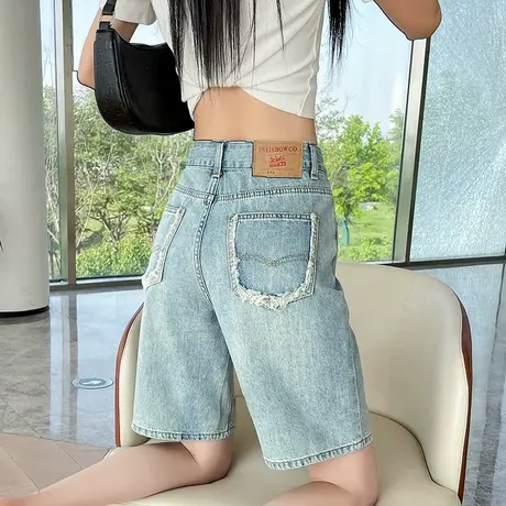五分牛仔短裤女2025年夏季新款高腰韩版宽松显瘦毛边阔腿5分中裤商品大图