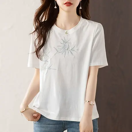 短袖T恤女夏季新款宽松加大码女装中年妈妈减龄刺绣百搭显瘦上衣图片