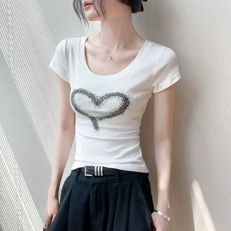 爱心印花烫钻圆领短袖女t恤2025新款夏季正肩独特时尚修身上衣女图片