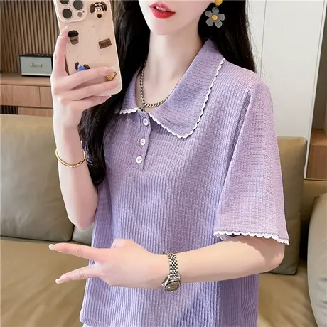 小众设计感短袖t恤女夏季韩版宽松大码小个子polo领撞色短款上衣图片