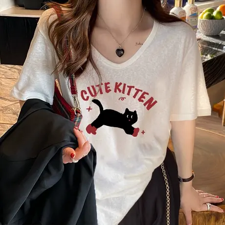 超火cec大码国潮古着V领t恤女遮肉减龄短袖上衣ins潮嘻哈复古港味商品大图