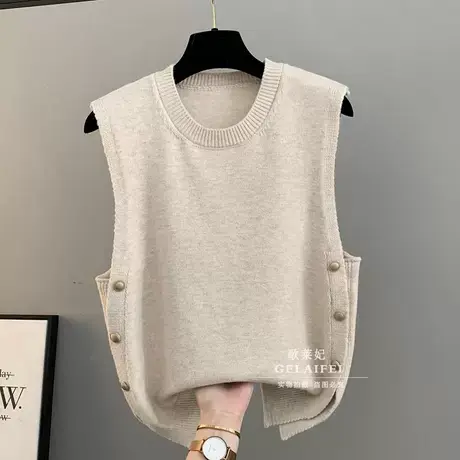 秋冬设计感侧排扣圆领马甲针织背心休闲开叉时尚毛衣坎肩女款无袖图片