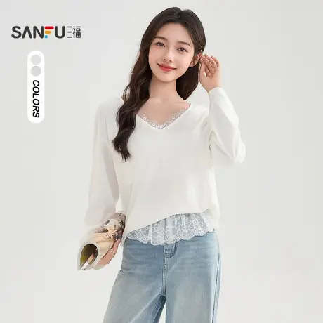 三福长T恤2025秋季蕾丝边V领宽松落肩休闲上衣女装503664图片