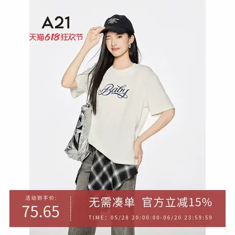 A21女装印花字母宽松落肩袖棉T恤2025夏季新款简约百搭中长款上衣图片