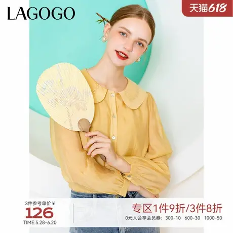 LAGOGO娃娃领甜美风刺绣长袖衬衫女拉谷谷春秋季新款泡泡袖上衣商品大图