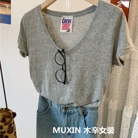 鹅蛋低V领夏季薄款复古文艺休闲简约女式短袖正肩小版麻感T恤衫商品大图