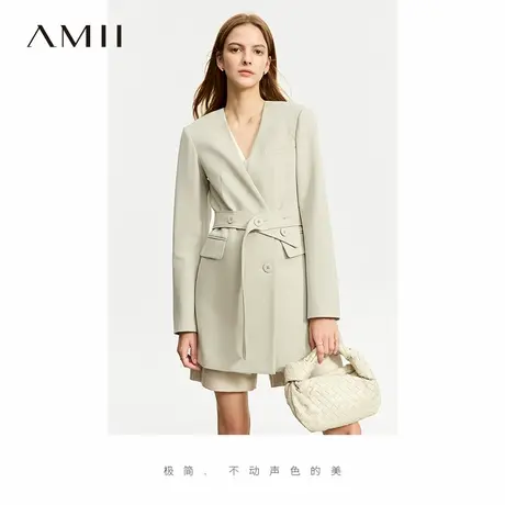Amii2025夏新款通勤风V领撞料拼接假两件西装女配腰带垫肩上衣商品大图