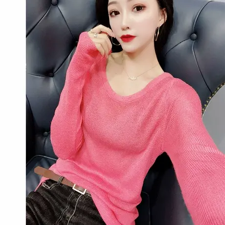 欧洲站2021秋装新款纯色百搭显瘦针织打底衫女性感修身长袖毛衣薄商品大图